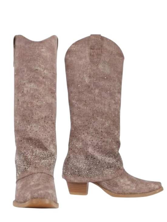 Fifsy Shoes - FIFSY Rhinestone Denim Fold-Over Cowgirl Boots Mocha Slouchy Western Bling 9.5